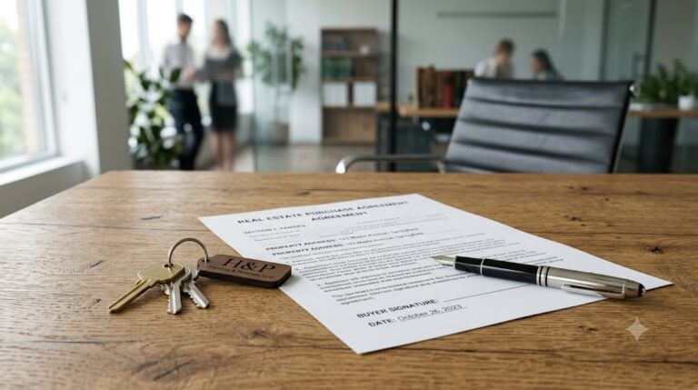 A real estate purchase agreement, luxury pen, and house keys on a wooden office desk