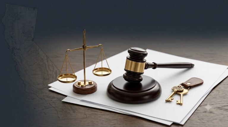 Scales of justice, a gavel, and keys on legal documents.