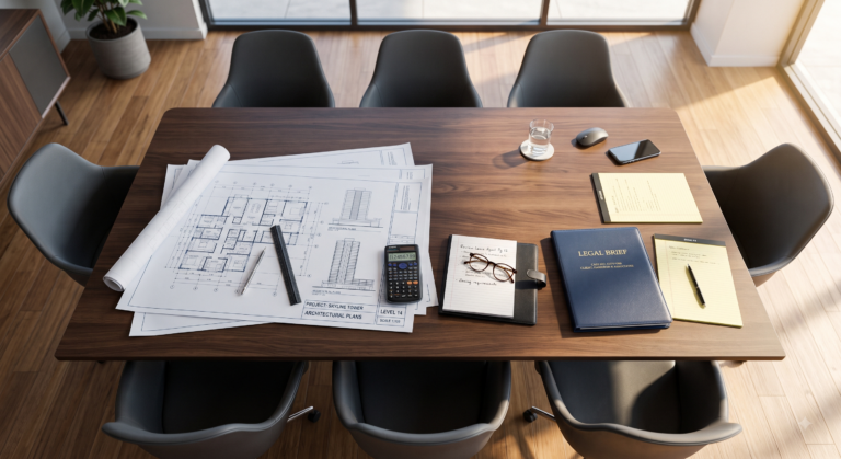 Blueprints and a 'Legal Brief' folder on a sunlit conference table.