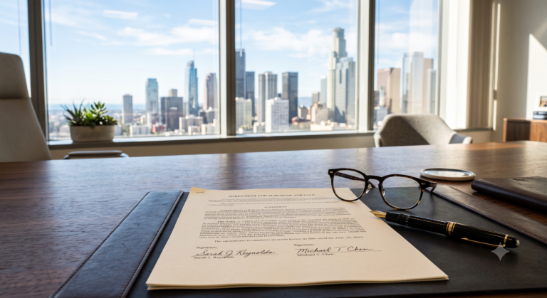 Legal documents, a fountain pen, and glasses on a desk overlooking a sunny California skyline.