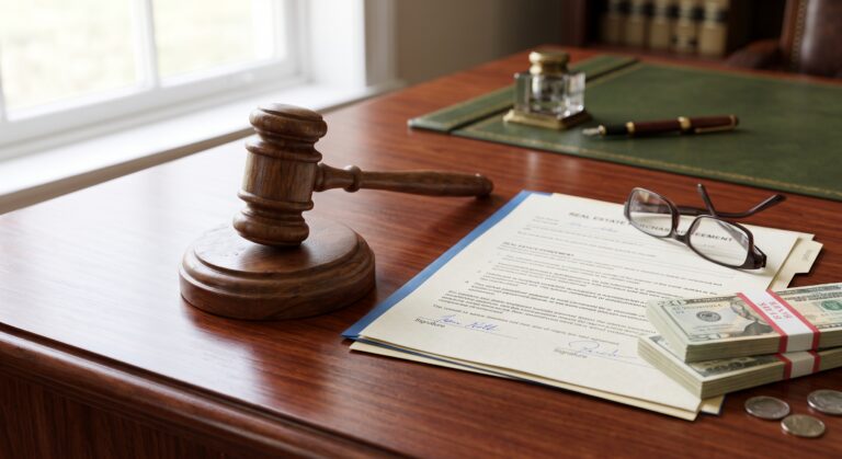 A gavel, real estate documents, and stacks of money on a wooden desk.